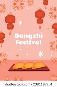 Happy Dongzhi festival background. Translate: Dongzhi festival celebration. Winter Solstice Festival. December 22. Cartoon Vector illustration template for Poster, Banner, Greeting, Card, Flyer, Post.