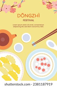 Happy Dongzhi festival background. Translate: Dongzhi festival celebration. Winter Solstice Festival. December 22. Cartoon Vector illustration template for Poster, Banner, Greeting, Card, Flyer, Post.