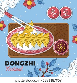 Happy Dongzhi festival background. Translate: Dongzhi festival celebration. Winter Solstice Festival. December 22. Cartoon Vector illustration template for Poster, Banner, Greeting, Card, Flyer, Post.