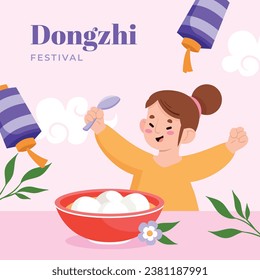 Fröhlicher Dongzhi-Festivalhintergrund. Übersetzen: Dongzhi-Festivalfeier. Winter Solstice Festival. 22. Dezember. Cartoon Vektorgrafik Vorlage für Poster, Banner, Gruß, Karte, Flyer, Post.