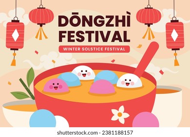 Fröhlicher Dongzhi-Festivalhintergrund. Übersetzen: Dongzhi-Festivalfeier. Winter Solstice Festival. 22. Dezember. Cartoon Vektorgrafik Vorlage für Poster, Banner, Gruß, Karte, Flyer, Post.