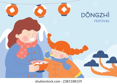 Happy Dongzhi festival background. Translate: Dongzhi festival celebration. Winter Solstice Festival. December 22. Cartoon Vector illustration template for Poster, Banner, Greeting, Card, Flyer, Post.