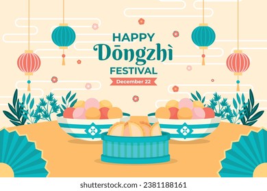 Happy Dongzhi festival background. Translate: Dongzhi festival celebration. Winter Solstice Festival. December 22. Cartoon Vector illustration template for Poster, Banner, Greeting, Card, Flyer, Post.