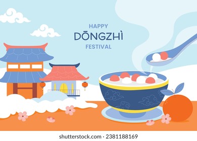 Happy Dongzhi festival background. Translate: Dongzhi festival celebration. Winter Solstice Festival. December 22. Cartoon Vector illustration template for Poster, Banner, Greeting, Card, Flyer, Post.