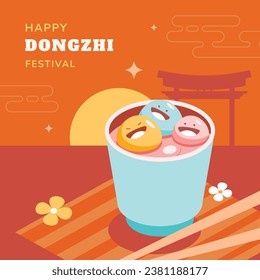 Happy Dongzhi festival background. Translate: Dongzhi festival celebration. Winter Solstice Festival. December 22. Cartoon Vector illustration template for Poster, Banner, Greeting, Card, Flyer, Post.