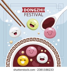 Fröhlicher Dongzhi-Festivalhintergrund. Übersetzen: Dongzhi-Festivalfeier. Winter Solstice Festival. 22. Dezember. Cartoon Vektorgrafik Vorlage für Poster, Banner, Gruß, Karte, Flyer, Post.