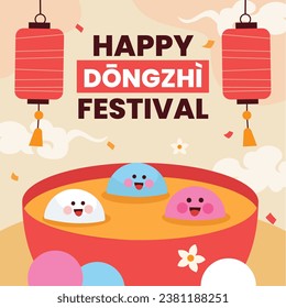 Fröhlicher Dongzhi-Festivalhintergrund. Übersetzen: Dongzhi-Festivalfeier. Winter Solstice Festival. 22. Dezember. Cartoon Vektorgrafik Vorlage für Poster, Banner, Gruß, Karte, Flyer, Post.