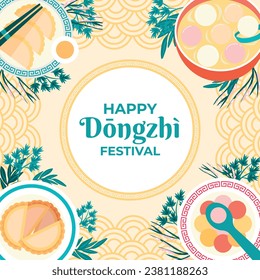 Happy Dongzhi festival background. Translate: Dongzhi festival celebration. Winter Solstice Festival. December 22. Cartoon Vector illustration template for Poster, Banner, Greeting, Card, Flyer, Post.