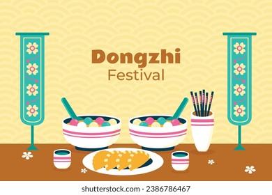 Happy Dongzhi festival background. Translate: Dongzhi festival celebration. Winter Solstice Festival. December 22. Cartoon Vector illustration template for Poster, Banner, Greeting, Card, Flyer, Post.