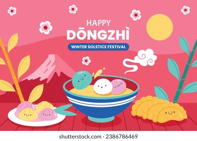 Happy Dongzhi festival background. Translate: Dongzhi festival celebration. Winter Solstice Festival. December 22. Cartoon Vector illustration template for Poster, Banner, Greeting, Card, Flyer, Post.