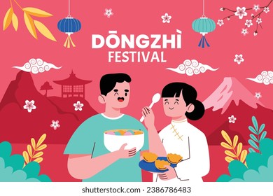 Happy Dongzhi festival background. Translate: Dongzhi festival celebration. Winter Solstice Festival. December 22. Cartoon Vector illustration template for Poster, Banner, Greeting, Card, Flyer, Post.