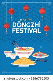 Happy Dongzhi festival background. Translate: Dongzhi festival celebration. Winter Solstice Festival. December 22. Cartoon Vector illustration template for Poster, Banner, Greeting, Card, Flyer, Post.