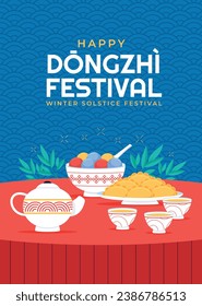 Happy Dongzhi festival background. Translate: Dongzhi festival celebration. Winter Solstice Festival. December 22. Cartoon Vector illustration template for Poster, Banner, Greeting, Card, Flyer, Post.