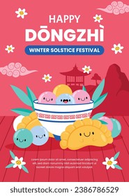 Happy Dongzhi festival background. Translate: Dongzhi festival celebration. Winter Solstice Festival. December 22. Cartoon Vector illustration template for Poster, Banner, Greeting, Card, Flyer, Post.