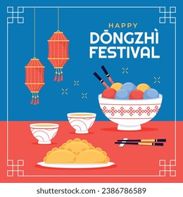 Happy Dongzhi festival background. Translate: Dongzhi festival celebration. Winter Solstice Festival. December 22. Cartoon Vector illustration template for Poster, Banner, Greeting, Card, Flyer, Post.