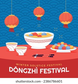 Happy Dongzhi festival background. Translate: Dongzhi festival celebration. Winter Solstice Festival. December 22. Cartoon Vector illustration template for Poster, Banner, Greeting, Card, Flyer, Post.