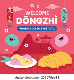 Happy Dongzhi festival background. Translate: Dongzhi festival celebration. Winter Solstice Festival. December 22. Cartoon Vector illustration template for Poster, Banner, Greeting, Card, Flyer, Post.