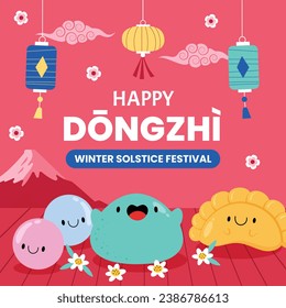 Happy Dongzhi festival background. Translate: Dongzhi festival celebration. Winter Solstice Festival. December 22. Cartoon Vector illustration template for Poster, Banner, Greeting, Card, Flyer, Post.