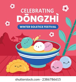 Happy Dongzhi festival background. Translate: Dongzhi festival celebration. Winter Solstice Festival. December 22. Cartoon Vector illustration template for Poster, Banner, Greeting, Card, Flyer, Post.