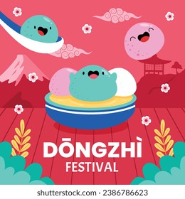 Happy Dongzhi festival background. Translate: Dongzhi festival celebration. Winter Solstice Festival. December 22. Cartoon Vector illustration template for Poster, Banner, Greeting, Card, Flyer, Post.