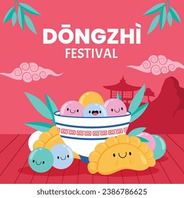 Happy Dongzhi festival background. Translate: Dongzhi festival celebration. Winter Solstice Festival. December 22. Cartoon Vector illustration template for Poster, Banner, Greeting, Card, Flyer, Post.