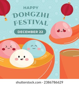 Happy Dongzhi festival background. Translate: Dongzhi festival celebration. Winter Solstice Festival. December 22. Cartoon Vector illustration template for Poster, Banner, Greeting, Card, Flyer, Post.