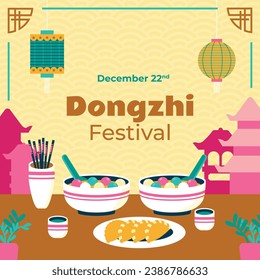 Happy Dongzhi festival background. Translate: Dongzhi festival celebration. Winter Solstice Festival. December 22. Cartoon Vector illustration template for Poster, Banner, Greeting, Card, Flyer, Post.