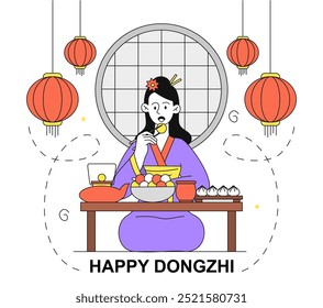 Happy dongzhi poster. Traditional chinese holiday and festival 23 December. Balance and harmony. Yin and yang philosophy. Linear vector illustration isolated on white background