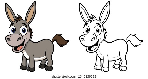 Desenho Animado Feliz Donkey Colorir Páginas Para Crianças. Livro de colorir burro imprimível. Ilustração De Vetor De Burro Com Contorno Preto. Fácil Coloração Animal