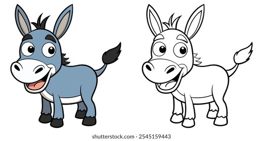 Desenho Animado Feliz Donkey Colorir Páginas Para Crianças. Livro de colorir burro imprimível. Ilustração De Vetor De Burro Com Contorno Preto