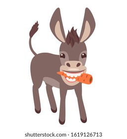 Happy donkey eating a carrot, smiling broadly