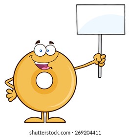 Happy Donut Cartoon Character Holding Up A Blank Sign. Vector Illustration Isolated On White
