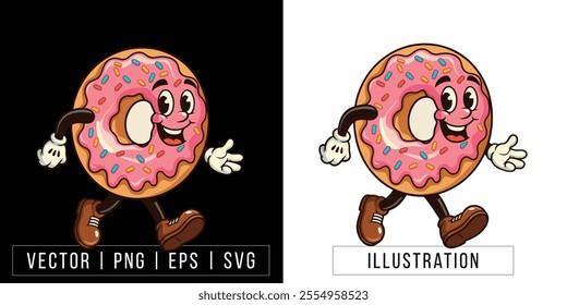 Happy Donut Cartoon Mascot with Pink Frosting and Sprinkles - Fun Bakery Character Illustration