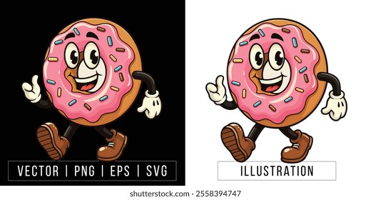 Happy Donut Cartoon Mascot with Pink Frosting and Sprinkles - Fun Bakery Character Illustration