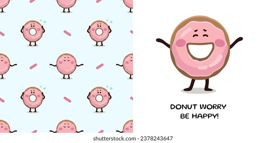 Happy Donut in cartoon style for designing baby clothes. Postcard with Pink Doughnut and seamless pattern, lettering. Cartoon Bohemian nursery print. Kids design for pajamas. Vector illustration.