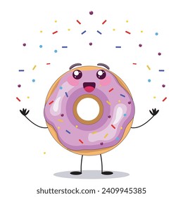 Happy donut character cartoon. Sweet violet round vector donut.  Kawaii vector doughnut.