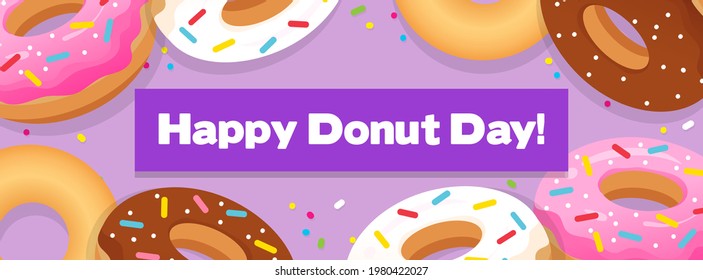 Happy Donut day banner vector illustration. Different types of donuts on purple background. National Doughnuts Day