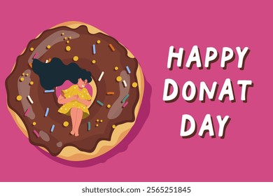 Happy Donut Day. Holiday concept. Template for background, banner, card, poster with text inscription. Vector hand drawn illustration