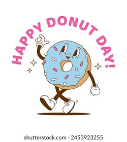 Feliz día de Donut. Ilustración vectorial de personajes de dibujos animados. Antiguas mascota de panadería.