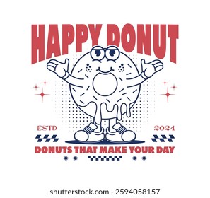 Happy Donut A Funny Retro 60s-70s Cartoon Character Mascot Design. Vector Illustration. Perfect for T-shirt Designs, Posters, Stickers, Logos, and More