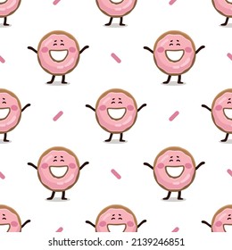 Happy Donut seamless pattern. Pink Doughnut texture illustration. Fast food illustration in flat style. Funny children's flat digital textile pattern of pink glazed happy donut.