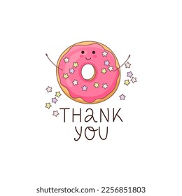 Happy donut - vector illustration of a character grateful for visiting a cafe, bakery or manufacturer's website. Ideal for stickers, banners or posters thanking customers.