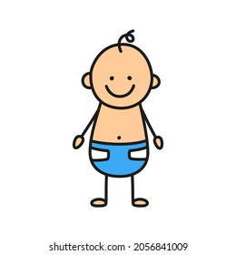 Happy doodle baby in a diaper. Hand drawn figure of small child. Little toddler. Vector color illustration isolated in doodle style on white background.