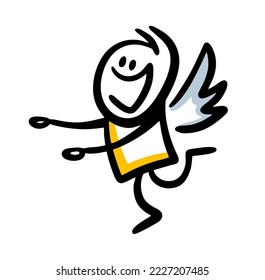 Happy doodle boy with smiling face  flying on wings of love. Vector illustration of hand drawn stickman in simple childish style.