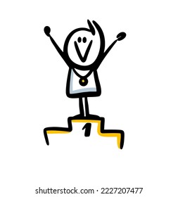 Happy doodle boy standing with  rising hands and gold medal on the sport pedestal. Vector illustration of lucky winner sportsman.