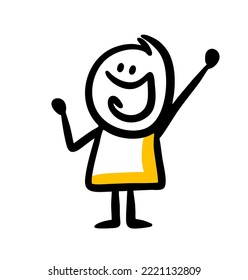 Happy doodle character raise hand in victory sign. Vector cartoon illustration of cute successful man.