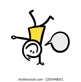 Happy Doodle Child With Smile Stand On His Arms Head Down. Vector Illustration Of Cute Art Line Character.