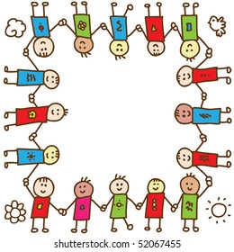Happy doodle children holding hands