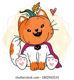 happy doodle cute smile white fat cat wear craved Halloween pumpkin costume, trick or treat, idea for print, sublimation, greeting card