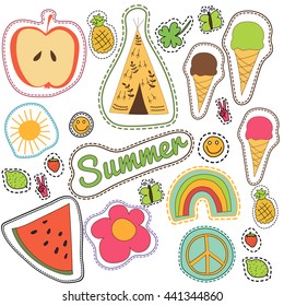 Happy doodle embroidery colorful summer patches collection. Hand drawn vector set illustration of wigwam, rainbow, pineapple, sun for stickers, magnets, greeting card decoration, pin badges isolated.
